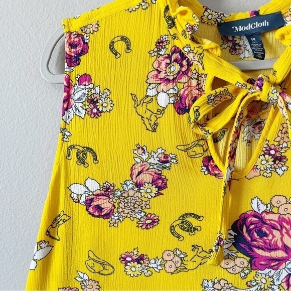 ModCloth Mustard Yellow Floral Like the Wind Tie-Neck Sleeveless Blouse Medium - Picture 7 of 13
